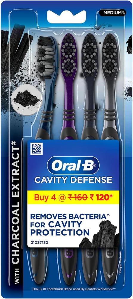 Oral-B Cavity Defence Deep Clean + Whitening Toothbrush with Charcoal Extract Bristles, Tongue Cleaner and Hygienic Head Caps, Medium, Pack of 4 10 pcs set cleaning tongue teeth dental disposable nursing tool stick gauze toothbrush brush soft wipes baby oral cleaner