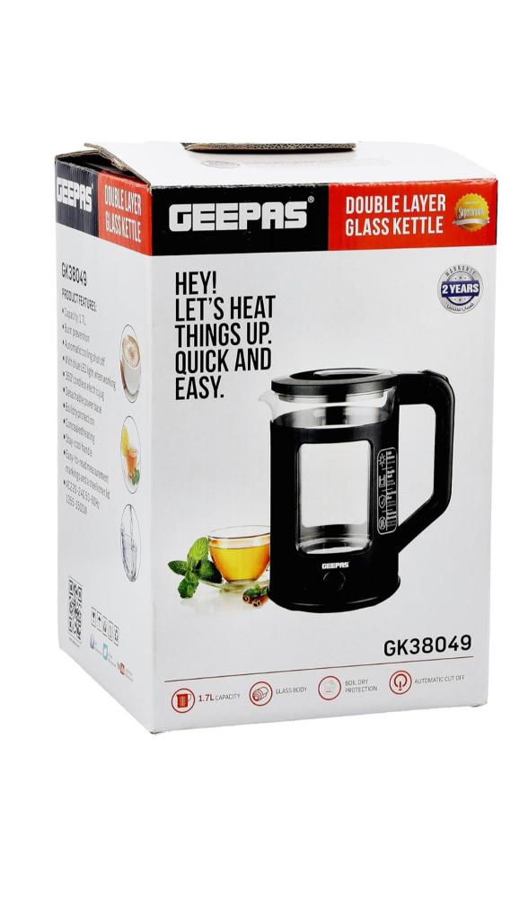 Geepas Double Layer Glass Kettle, 1.7 Ltr Capacity, GK38049 Auto Shutoff Boil-Dry Protection Cordless With Blue LED Light 360 Degree Cordless Base 2 0 ltr electric kettle with led illumination boro silicate body 1500w 240v