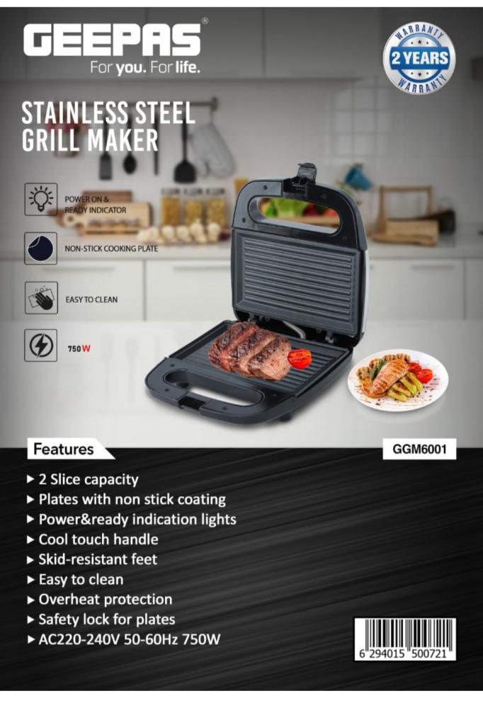 цена Geepas Portable Powerful 700W 2 Slice Grill Maker with Non-Stick Plates GGM6001