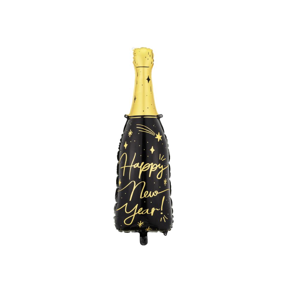 Happy New Year Bottle Shaped Foil Balloon - BlackGold pop the bubbly glitter happy new year bunting gold