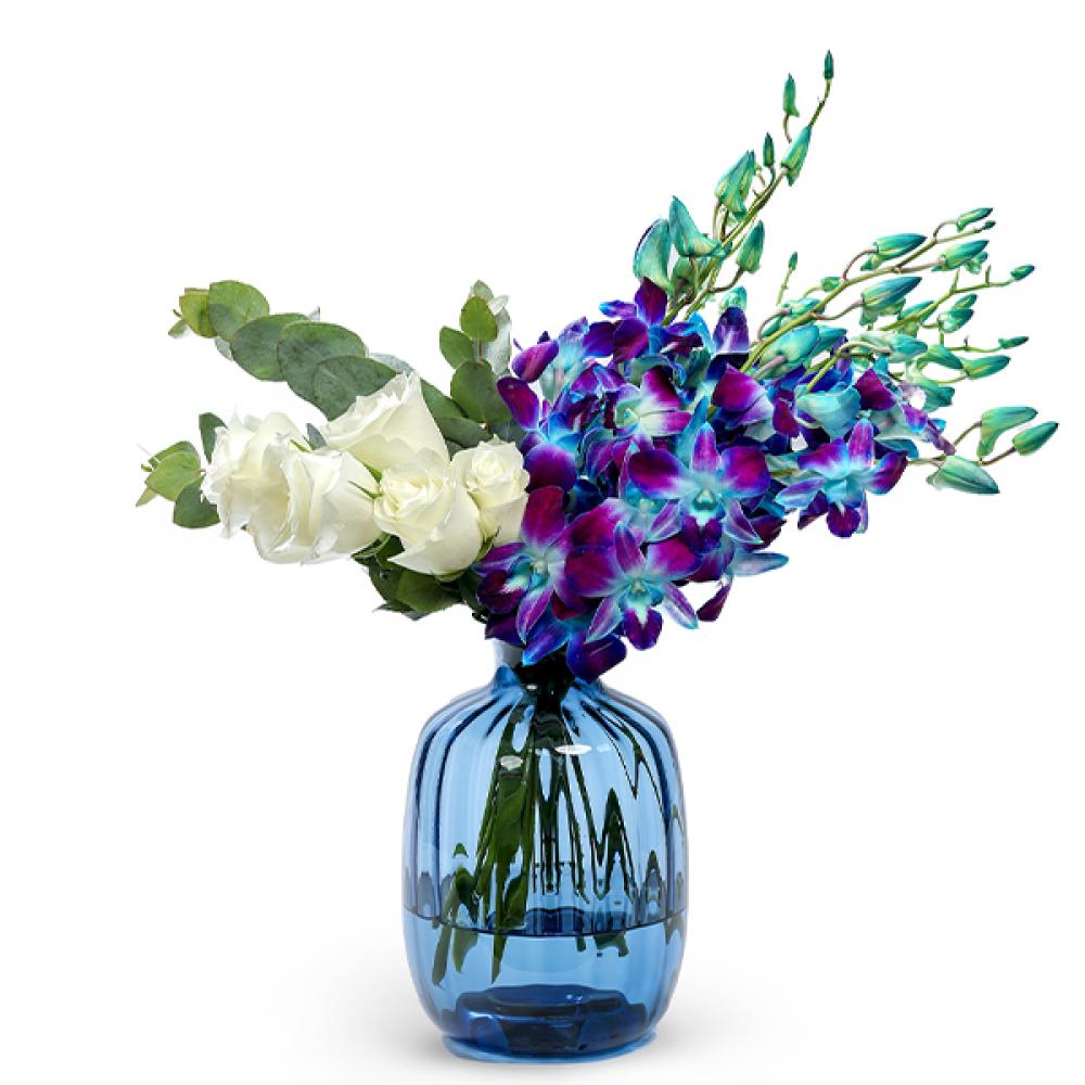 Beautiful In Blue birthday wishes flowers in a glass vase