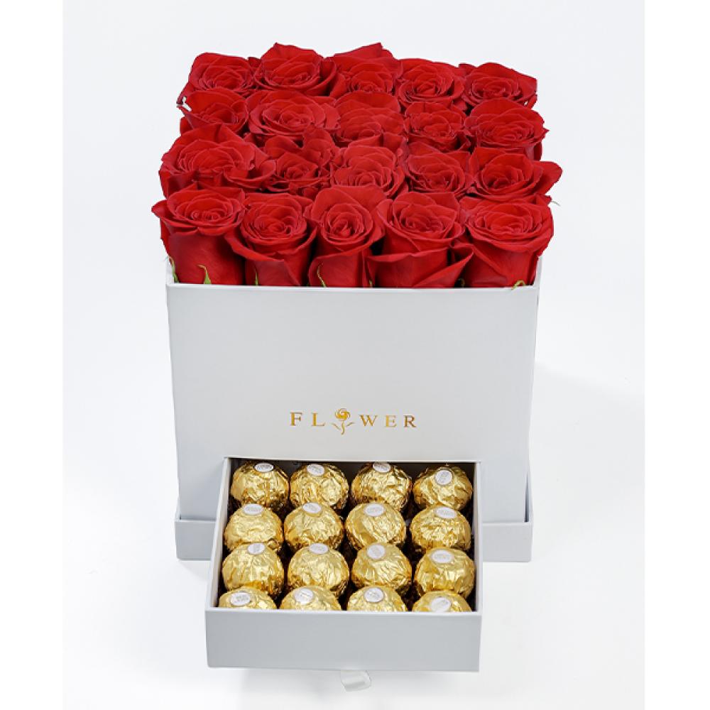 blooms of 50 red roses in box Blushing Roses ‘n Chocolates