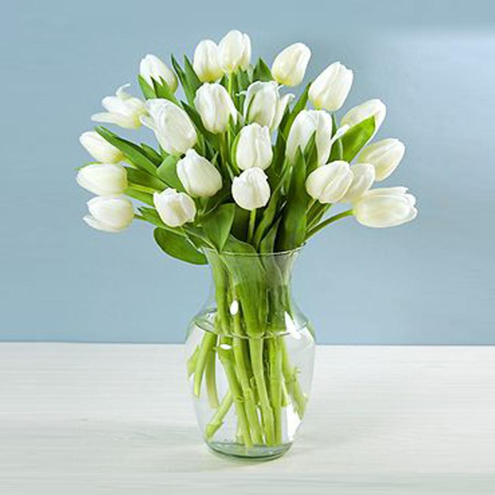50 White Tulips with Glass Vase