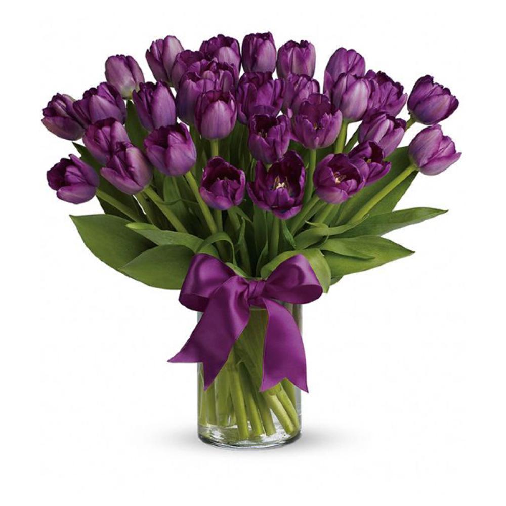 50 Purple Tulips with Glass vase birthday wishes flowers in a glass vase