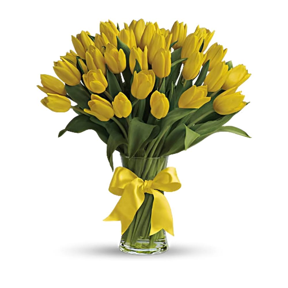 50 Yellow Tulips with Glass vase birthday wishes flowers in a glass vase