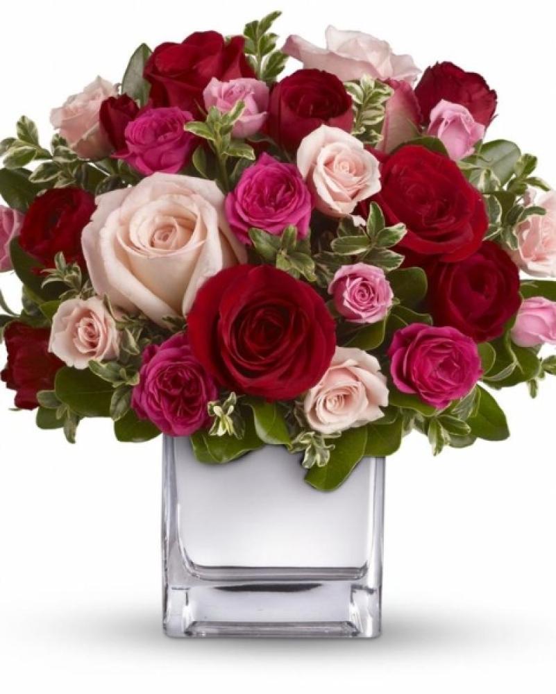 Mixed Rose Arrangement with Square Vase care 251 pink and peach roses