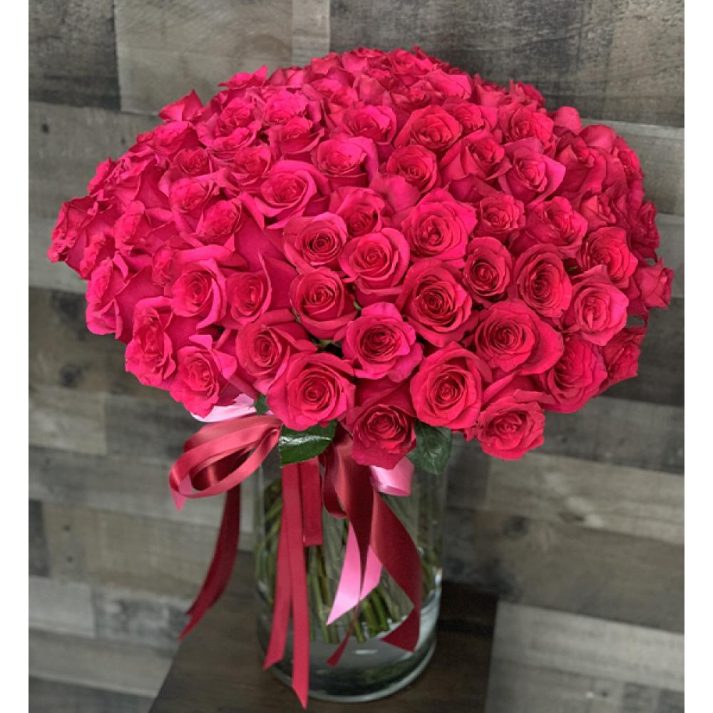 150 Dark Pink Roses with Glass Vase