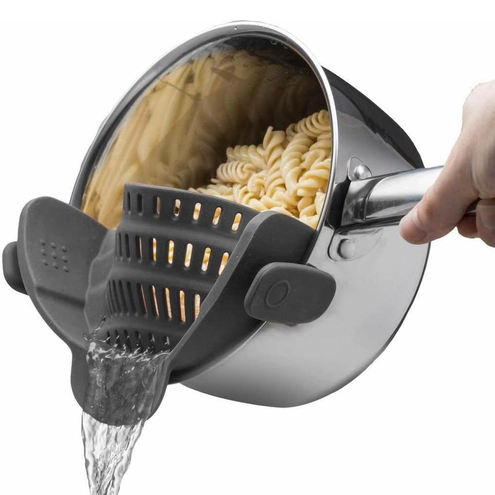 Snap N Strain Pot and Pasta Strainer - Adjustable Silicone Clip-On Strainer for Effortless Draining - Fits Pots, Pans, and Bowls - Gray wooden rolling pin hand dough roller for pastry chapati pasta bakery pizza kitchen tool double head rolling pin