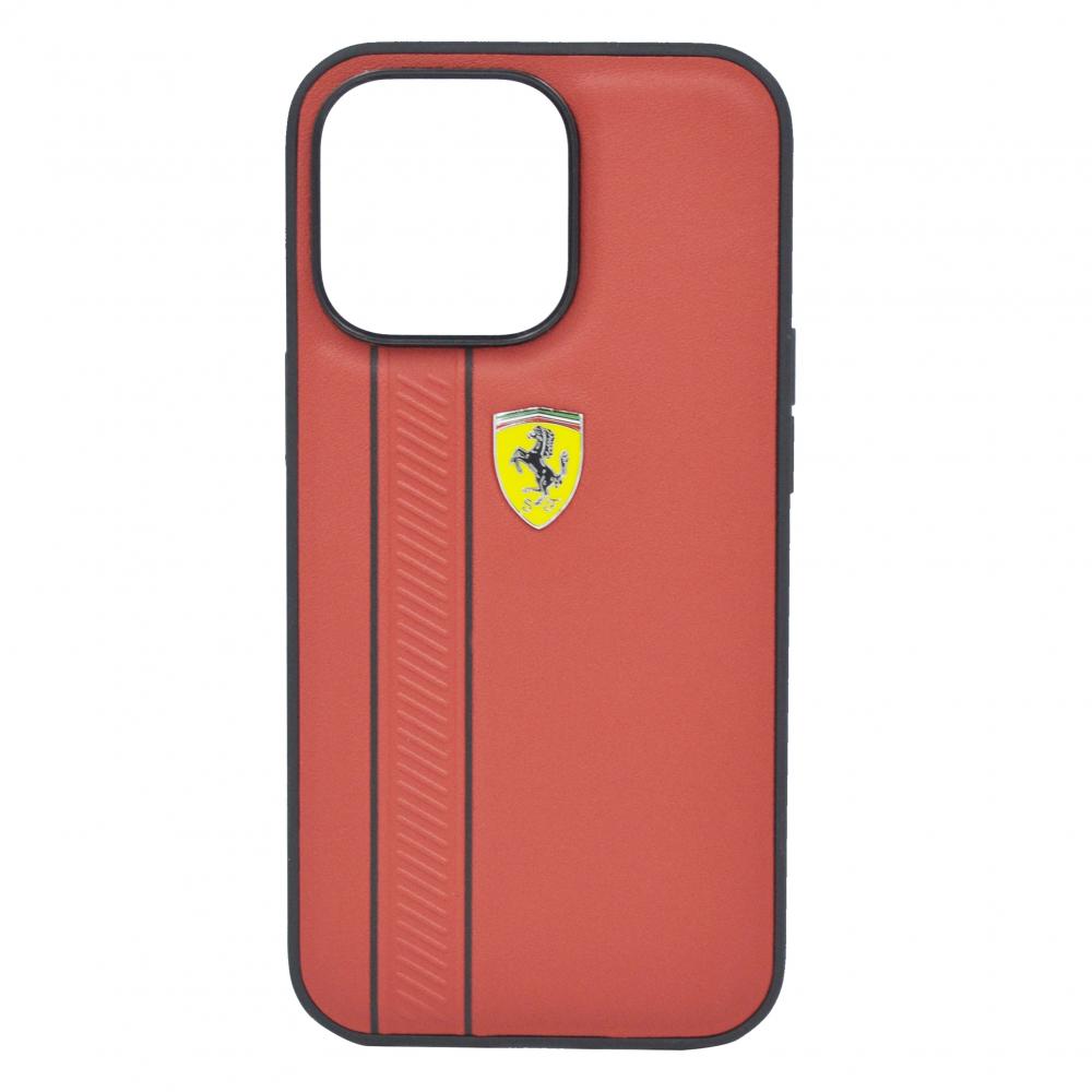 Ferrari Genuine Leather Hard Case With Debossed Stripes, iPhone 13 Pro, Red