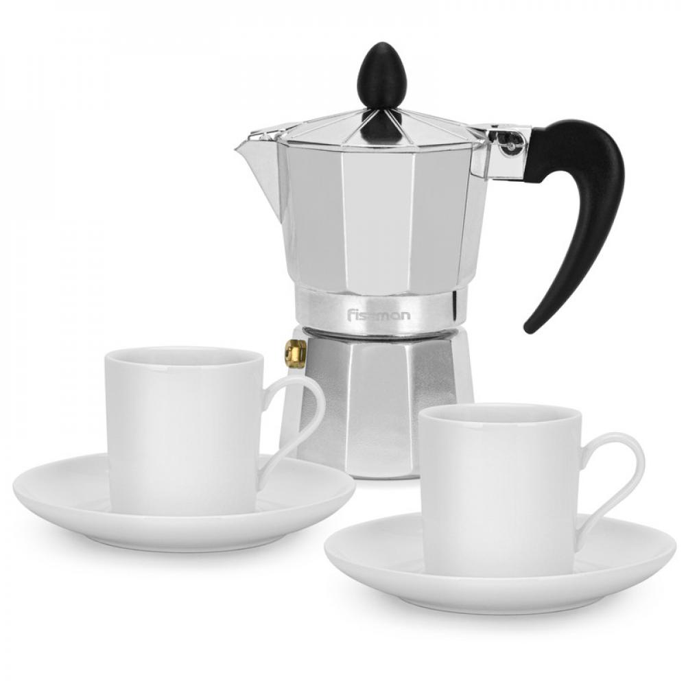 Fissman Set Of Coffee Maker Aluminium For 2 Cups/120ml And 2 Ceramic Cups With 2 Saucers Set fissman coffee mill silver clear 18cm