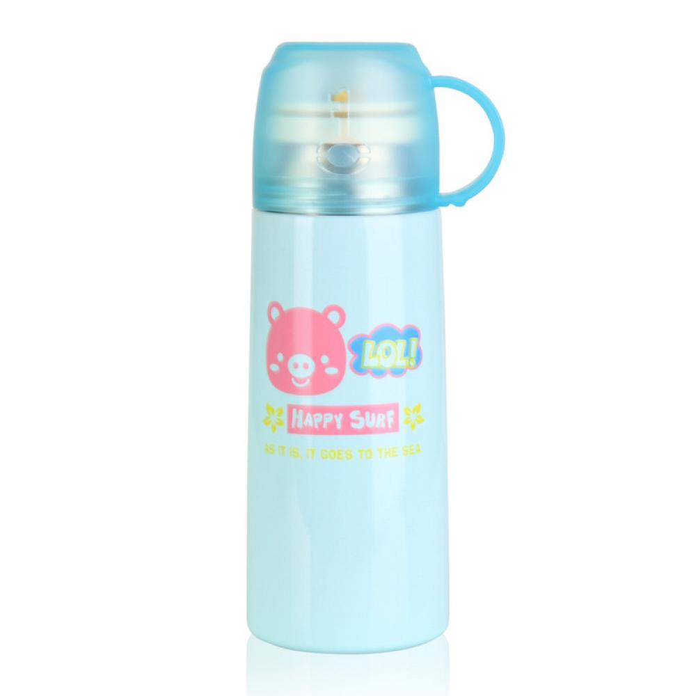 baby drinking cup cute cartoon with straw thermos cup kindergarten kids go out portable bottles stainless steel water bottle Fissman Portable Stainless Steel Vacuum Flask With Thermal Insulation Sky Blue 350ml