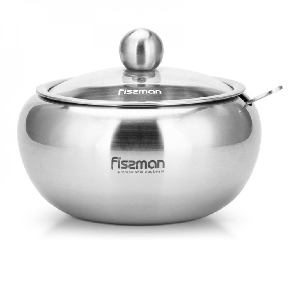 Fissman Stainless Steel Sugar Bowl With Glass Lid With Spoon Silver 460ml fissman mixing bowl 19x7 8cm 1 2 ltr stainless steel