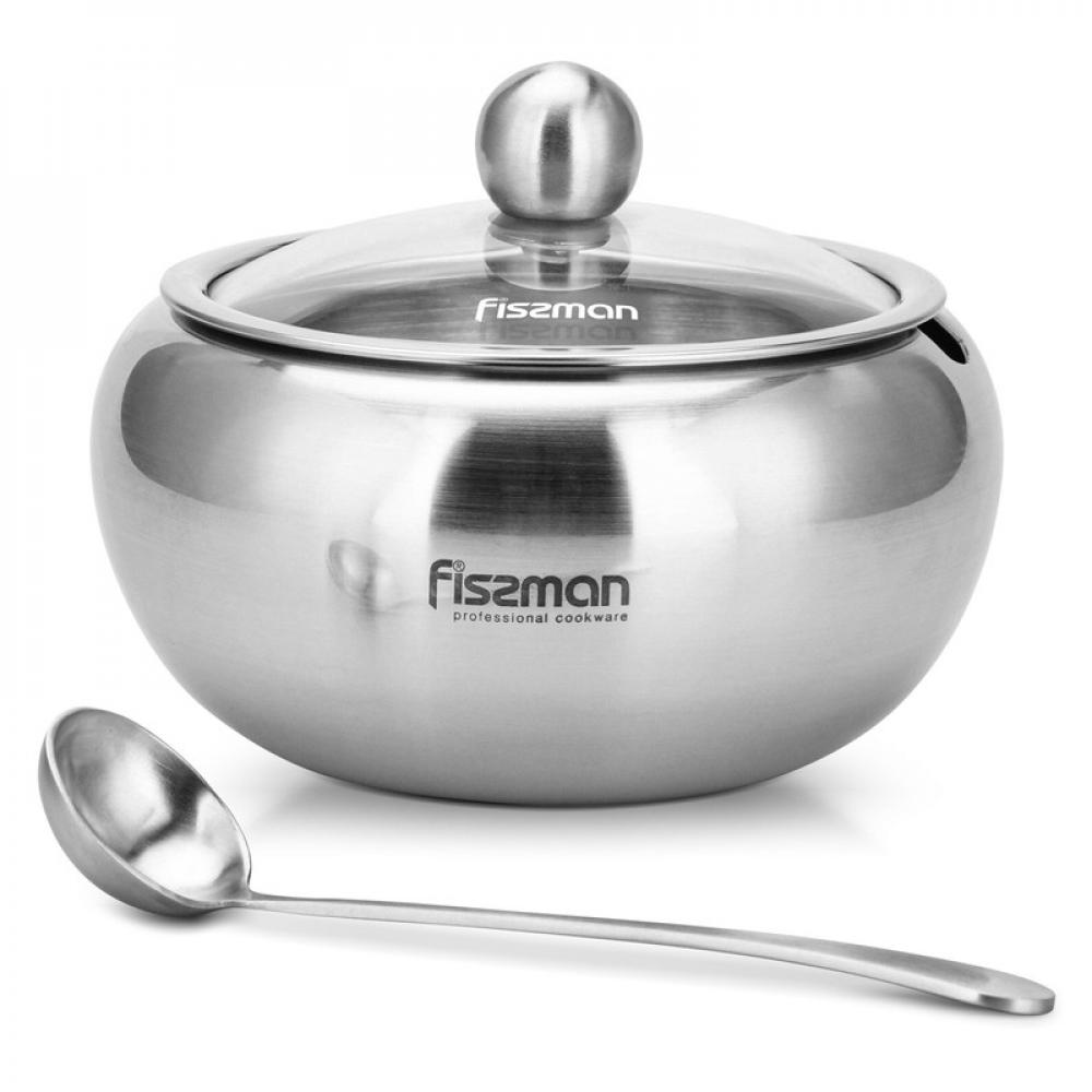 цена Fissman Sugar Bowl with Glass Lid and Spoon Stainless Steel Silver 560ml