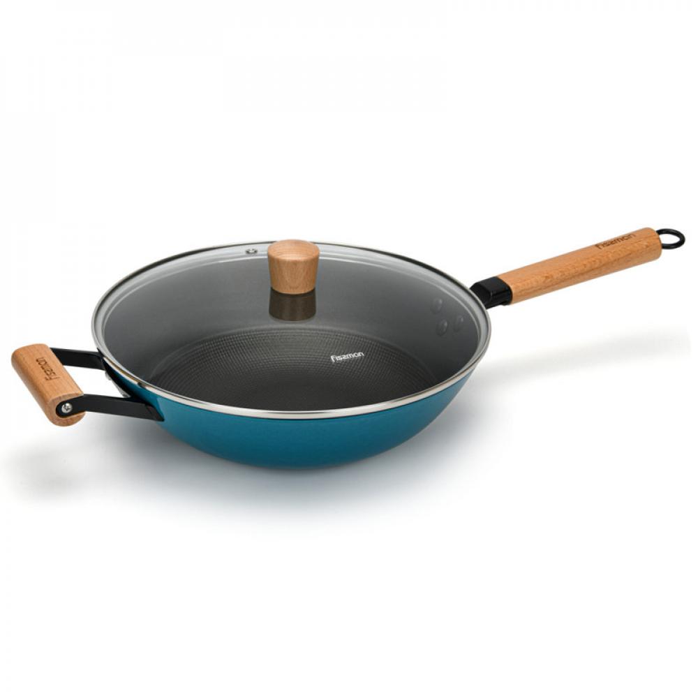 цена Fissman Wok Pan With Handle And Glass Lid 30x8.4cm\/4LTR Black\/Beige\/Blue