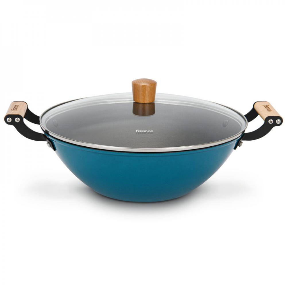 Fissman Wok Seagreen Series 32x10.5cm/5LTR With Glass Lid (Enamelled Lightweight Cast Iron With Non-Stick Coating) fissman square grill pan 27x5 0cm with helper handle enamel cast iron