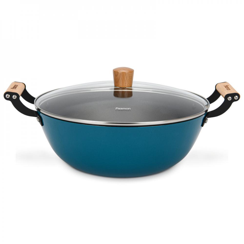fissman cast iron pan with two side handles on wooden tray multicolour 18x4 5cm Fissman Stockpot Seagreen Series Series With Glass Lid Enamelled Lightweight Cast Iron With Non-Stick Coating 32x125cm/8LTR