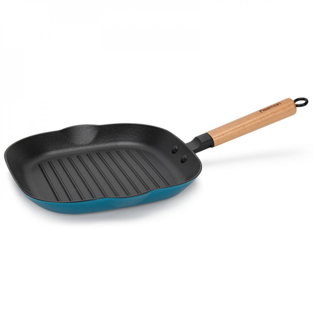 Fissman Square Grill Pan 28x3.5cm With Wooden Handle (Enamel Cast Iron) fissman cast iron pan with two side handles on wooden tray multicolour 18x4 5cm