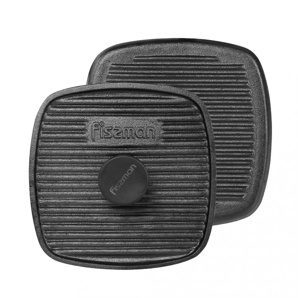fissman cast iron pan with two side handles on wooden tray multicolour 18x4 5cm Fissman Square Grill Press With Bakelite Knob Cast Iron Black 21 x 21cm