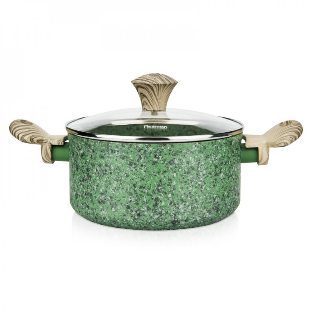 fissman wok pan with handle and glass lid 30x8 4cm 4ltr black beige blue Fissman Stockpot With Glass Lid Malachite Series Aluminum Non Stick Coating Ecostone And Induction Bottom Green/Brown/Clear 20x9.8cm/2.7LTR