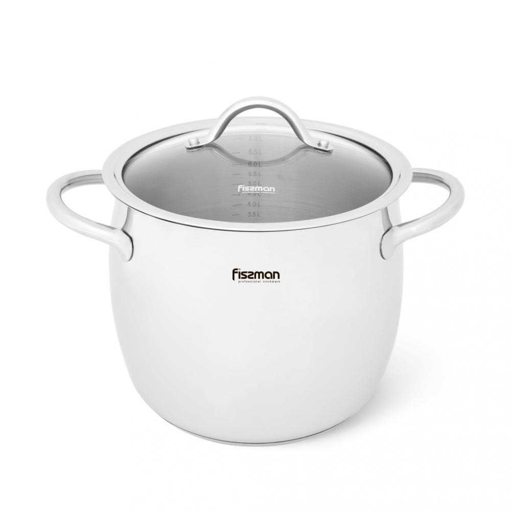Fissman Stockpot With Glass Lid 18\/10 (INOX304) Stainless Steel With Induction Bottom Silver 22x18.7cm\/7.7Liters fissman jug and glass cup set borosilicate glass heat resistant with arc shape handle leakproof lid and stainless steel lid 1400ml 4x290ml