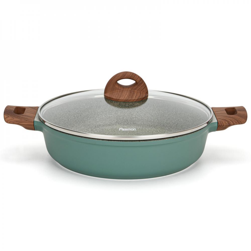 Fissman Casserole With Glass Lid Aluminium Coating Shallow And Induction Bottom 28x7.2cm/3.8LTR Green fissman shallow casserole with detachable handle and glass lid 28x7 5cm 4 1liters brilliant series aluminum with induction bottom black clear
