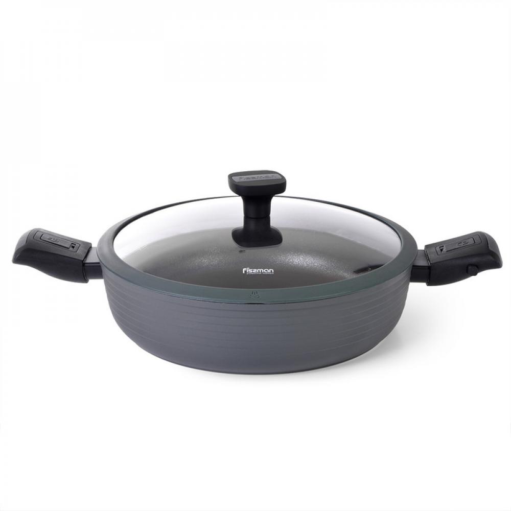 цена Fissman Shallow Casserole With Detachable Handle And Glass Lid 28x7.5cm/4.1Liters Brilliant Series Aluminum With Induction Bottom Black/Clear