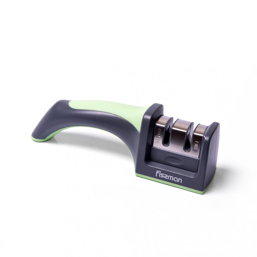 Fissman 2 Step Knife Sharpener With Carbide \& Ceramic Stones With Ergonomic Handle Comfortable \& Secure Grip Black\/Green fissman paring series stainless knife with sheath green 10cm
