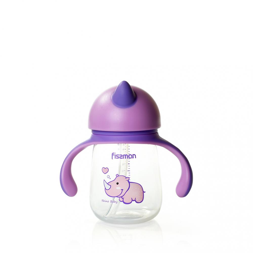 baby drinking cup cute cartoon with straw thermos cup kindergarten kids go out portable bottles stainless steel water bottle Fissman Training Cup for Toddler Drinkware With Spout And Straw Spill Proof Sippy with Handle Purple - 260ml