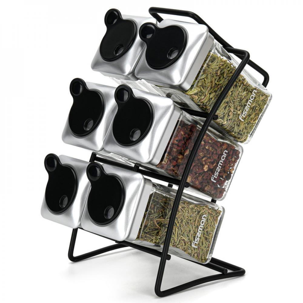 Fissman Spice Rack Organizer With 6 Spice Jars With Stand Transparent/Black fissman 7 piece spice storage condiment jars with lid and stand multicolour