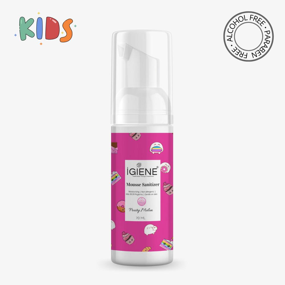 IGIENE Mousse Sanitizer - Fruity Melon, 70 ml hydroalcoholic spray hands and surfaces 100 ml 70% alcohol disinfectant gel cleansing hands with aloe vera hygiene