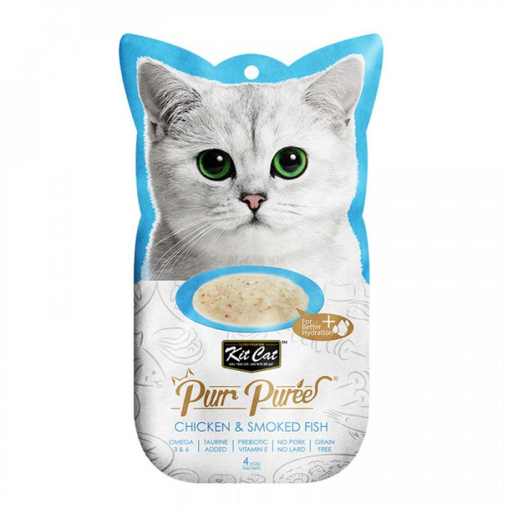 KitCat Purr Puree Chicken and Smoked fish, 4 x 15 g sachets kitcat fillet chicken