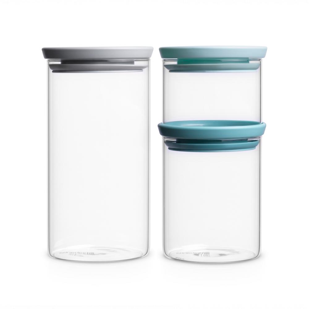 цена Brabantia Set of 3 stackable glass jars - 0.3, 0.6 and 1.1 litre - Light Grey, Dark Grey, Mint