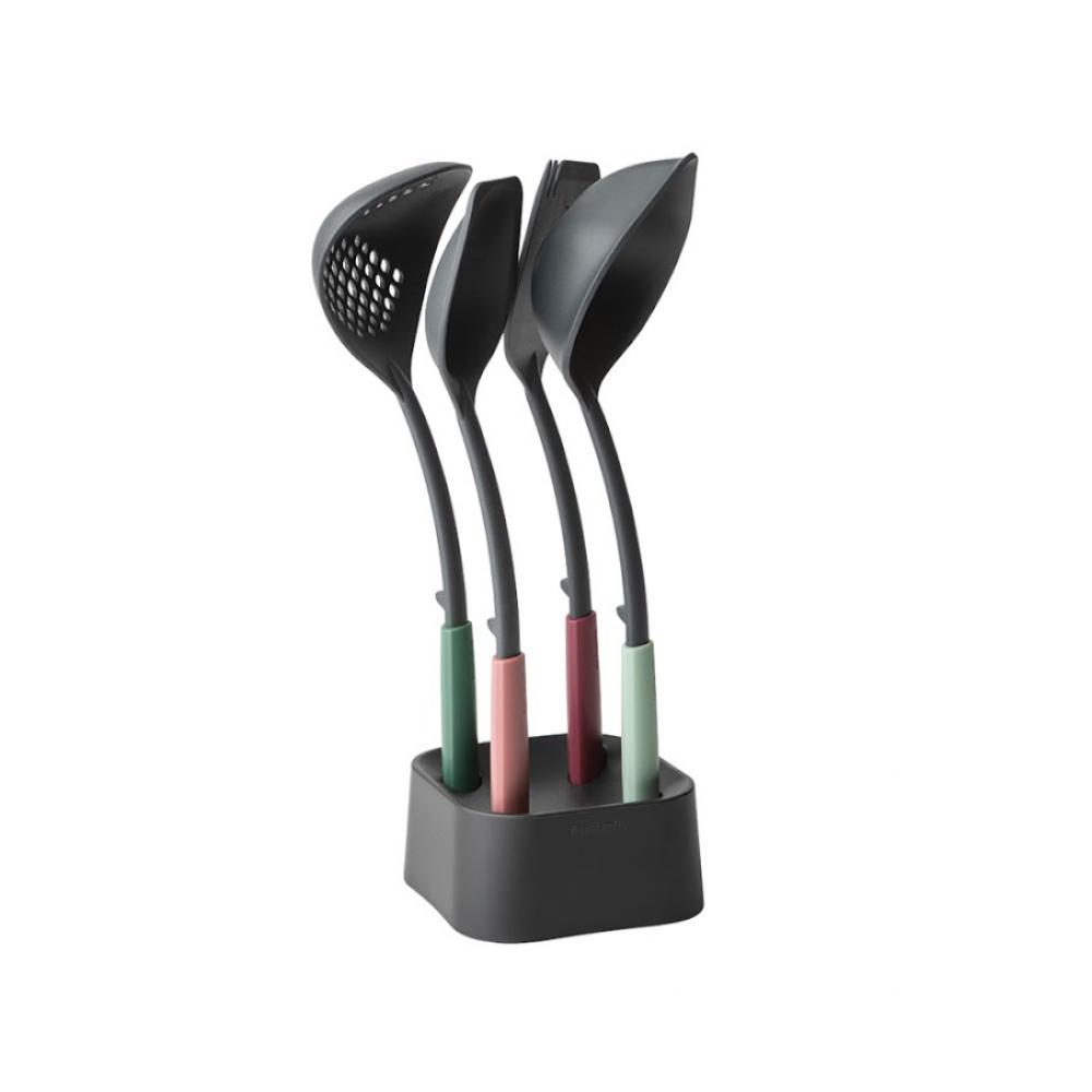 Brabantia Kitchen Utensils Set plus Stand with Soup Ladle Serving Spoon Skimmer and Spatula with Fork - Mixed Colours stainless steel tablespoons flat spoon cooking utensils soup dessert ice cream kitchen tablewaretools multiple colour