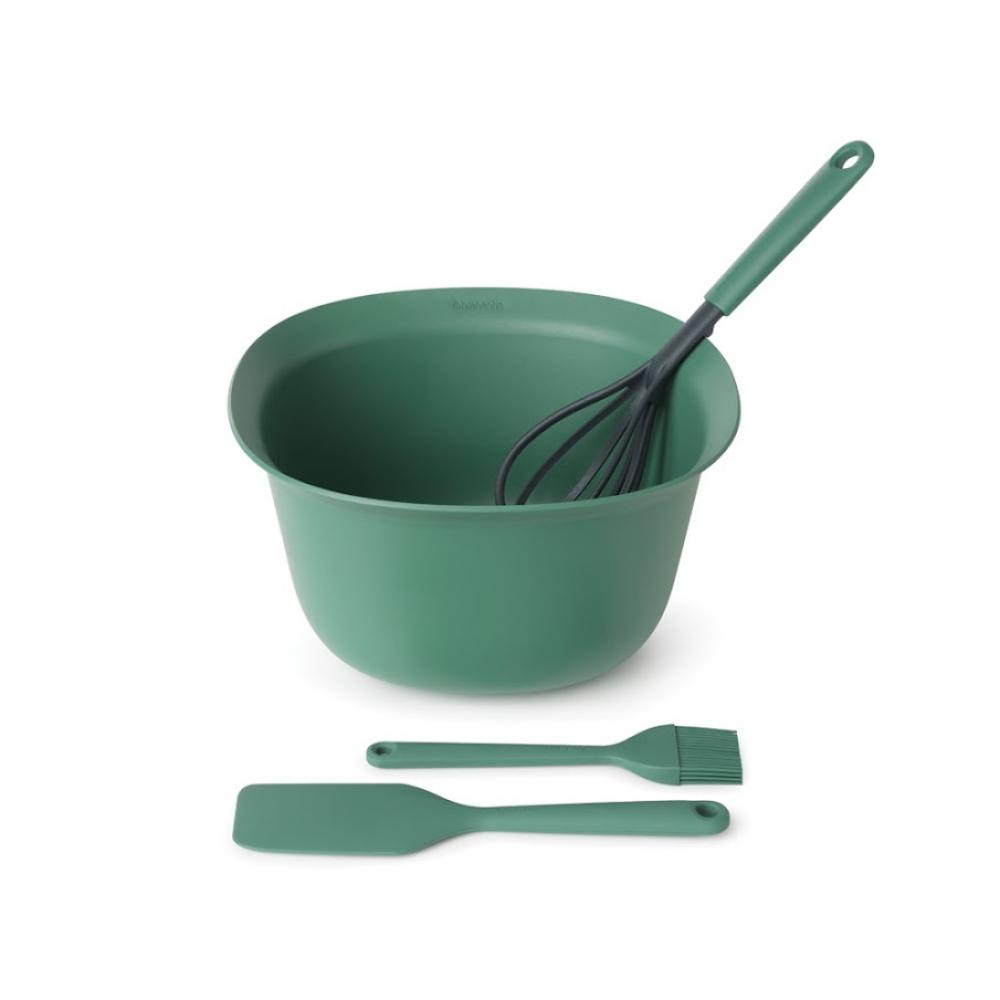 Brabantia Baking Set with Whisk Mixing Bowl 3.2 litre, Pastry Brush and Baking Spatula - Fir Green