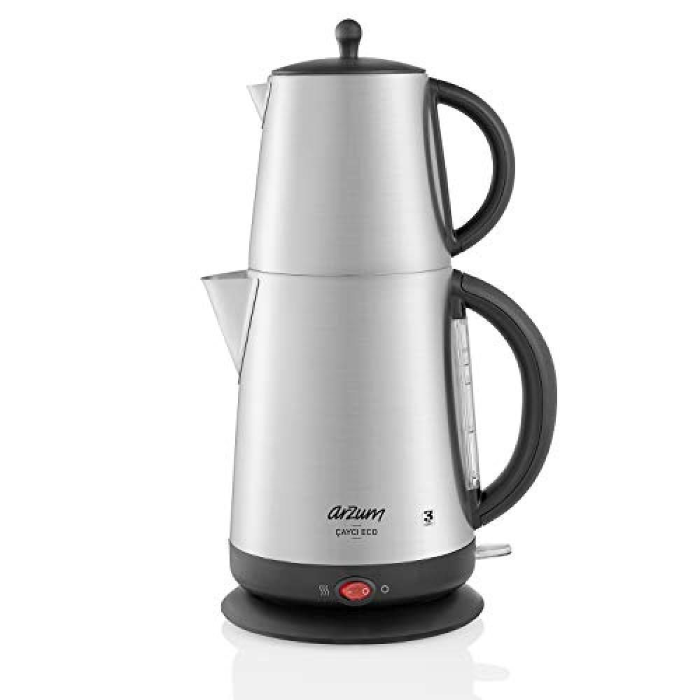 Arzum Electric Kettle 1,7 Liter Eco Turkish Tea Maker Stainless Steel 2200 Watts Silver Color Model - AR3072