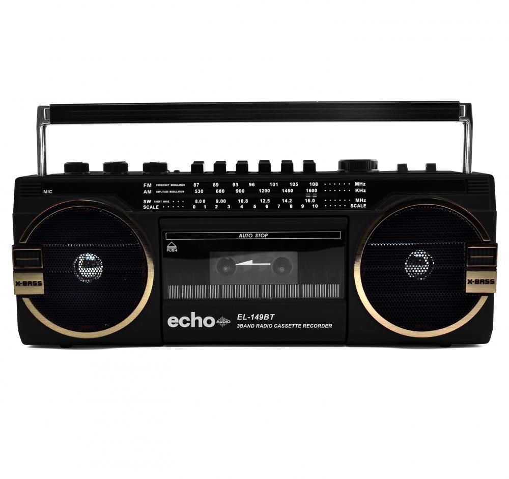 Echo Audio Retro Blast Cassette Player Bluetooth Boombox, AM/FM/SW Radio, Two Speakers, Voice Recorder, Headphone Jack, Play USB / SD Card (Black)