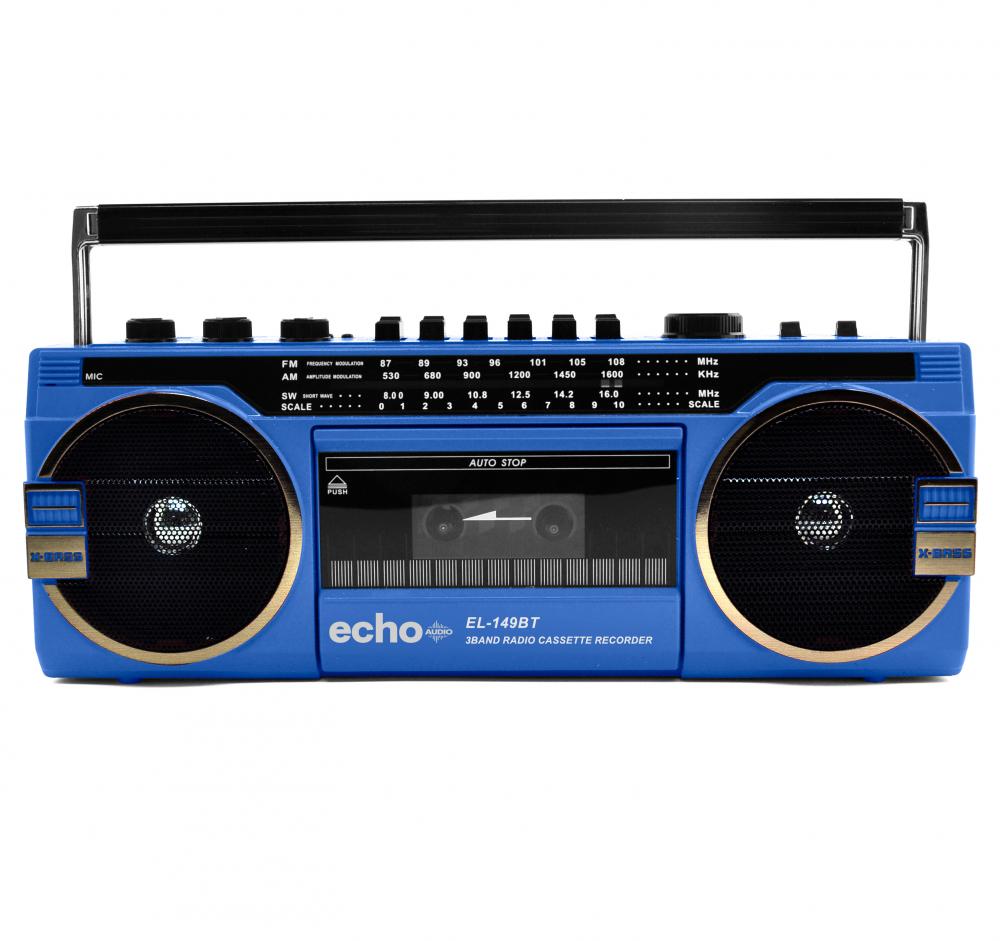 Echo Audio Retro Blast Cassette Player Bluetooth Boombox, AM/FM/SW Radio, Two Speakers, Voice Recorder, Headphone Jack, Play USB / SD Card (Blue)