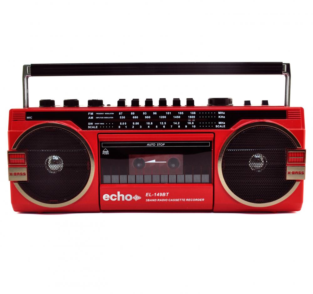 Echo Audio Retro Blast Cassette Player Bluetooth Boombox, AM/FM/SW Radio, Two Speakers, Voice Recorder, Headphone Jack, Play USB / SD Card (Red)