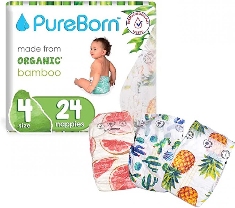 PureBorn / Diapers, Single pack nappy for 15.4 to 26.5 lbs (7 to 12 kg), Size 4, x24 washable 6 layer gauze waterproof absorbent and breathable baby training pants diapers