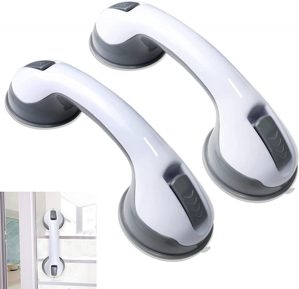 12 inch Suction Bath Grab Bar with Indicators, Balance Assist Bathroom Shower Handle (White\/Grey, Pack of 2)