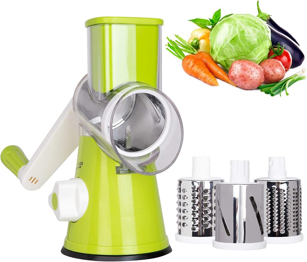 Handheld Vegetables Slicer Cheese Shredder with Rubber Suction Base, 3 Stainless Drum Blades Included, Green easy to cut