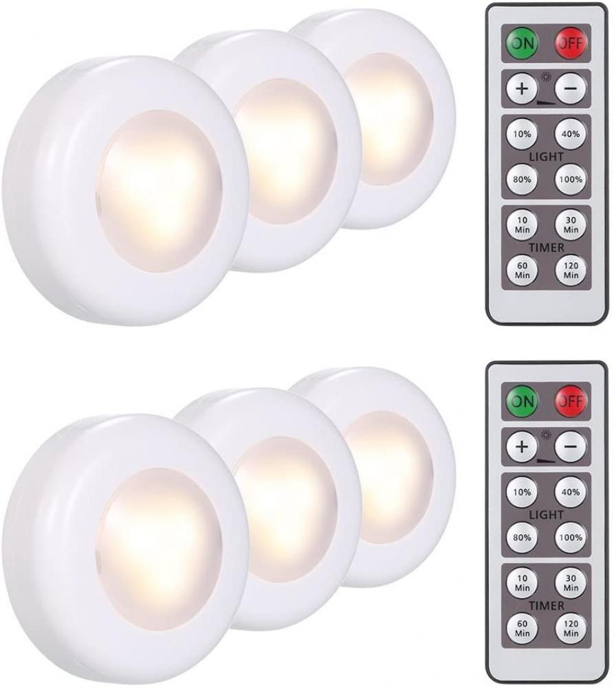 LED Under Cabinet Lamp Puck Light 6 Pack with Remote Control Brightness Adjustable Dimmable Timing led set of 3 round lights for kitchen garden stairs home decor with remote control