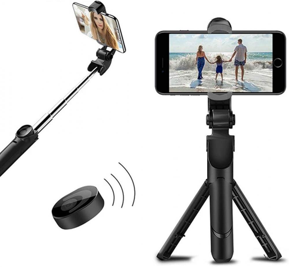 Mobile Stand with Selfie Stick and Tripod XT-02 Aluminium Alloy Bluetooth Remote Control Selfie Stick (Black)