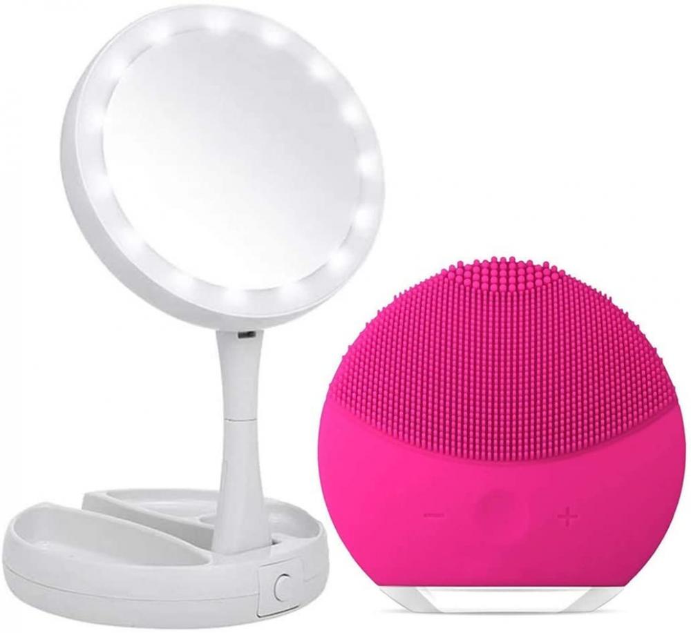 2in1 Mirror + Facial Massager - Comfortable Feeling When Scrubbing Face With Led Mirror For The Perfect Moment of Pampering Day theraface pro handheld facial massage device compact electric face and skin care therapy tool white