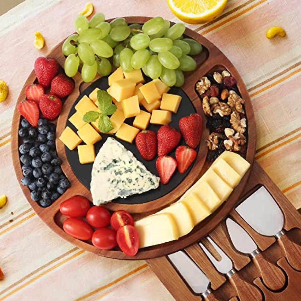 Cheese Board Set, Round Acacia Charcuterie Board, Cheese Serving Platter with Slide-Out Drawer, 4 Piece Stainless Steel Cutlery 78cm four wheel flash skateboard longboard adult teenagers maple natural wood retro fashion flat plate double rocker skate board