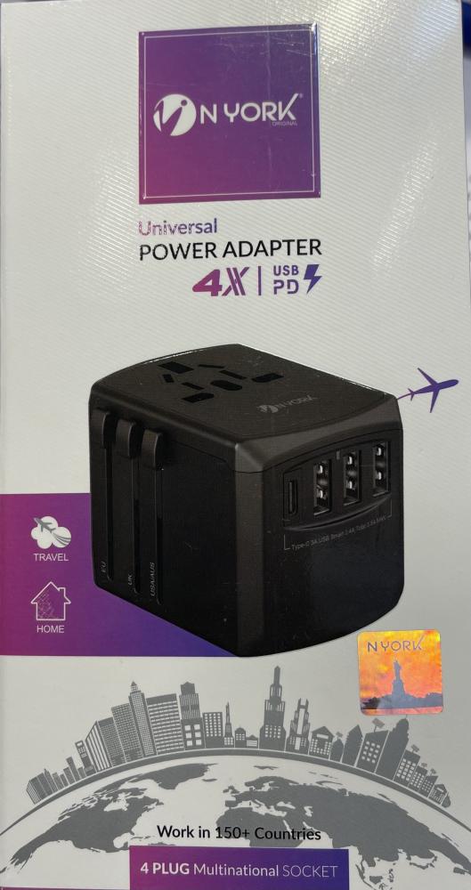 NYORK Universal Travel Adapter HA698 with 3 USB + 1 Type C Charging Ports (Black) nyork universal single port adapter uk wall charger with usb c to lightning charge cable white hc601