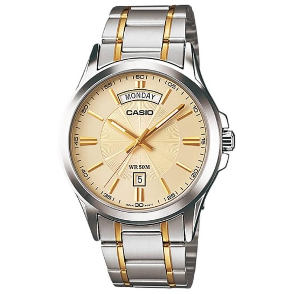 CASIO Men's Enticer Analog Watch MTP-1381G-9AV - 47 mm - Silver\/Gold silver dial men custom nugget watch bracelet set simulated diamond analog 43mm flamboyant ultra bling watch set