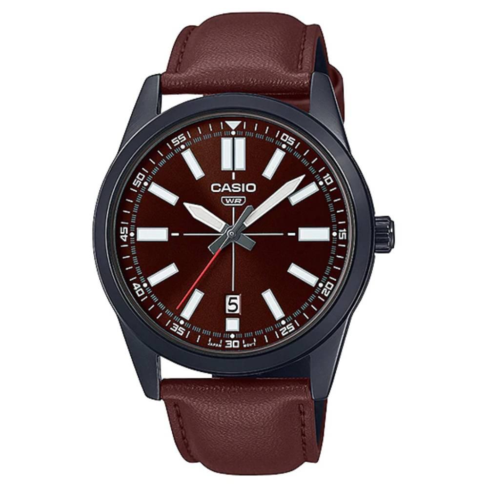 цена CASIO Round Shape Analog Leather Strap Wrist Watch MTP-VD02BL-5EUDF - 41mm - Brown