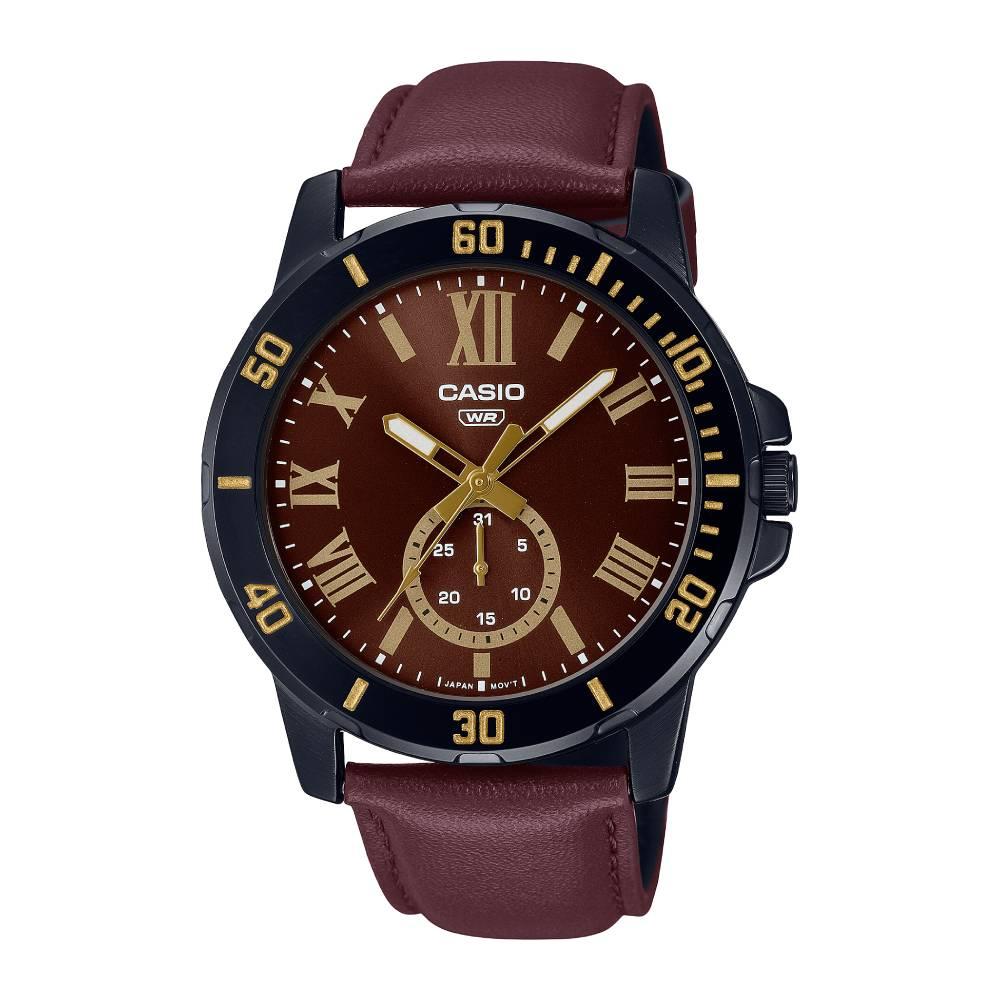 Casio Analog Dark Brown Leather Strap Men's Watch - MTP-VD200BL-5BUDF luxury dark brown coffee genuine leather mens belts black gold diamond automatic buckles ratchet waistband for men dress jeans