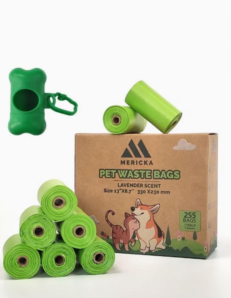 Mericka / Pet waste bags, Green, Lavender scent, with Dispenser, 33 x 23 cm, 17 rolls, 255 pcs poop waste bags bio degradable for dog